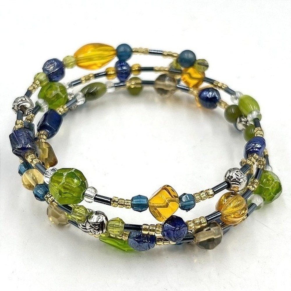 Vintage‎ Y2K Boho Multi-Strand Wrap Bracelet Green Blue Amber Beads 80ch Classic
